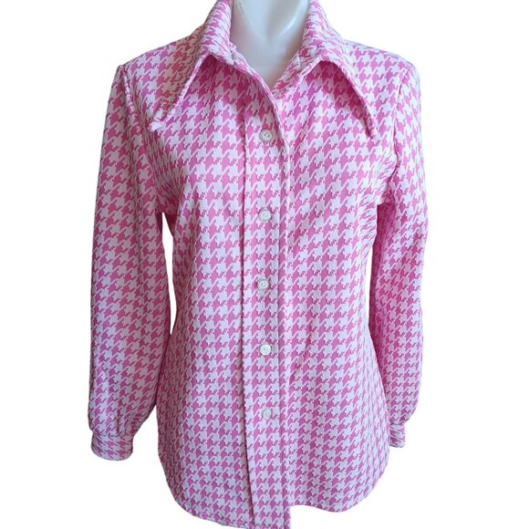 Medium Vintage 1970s Blazer Top Houndstooth Pink Disco Collar Dallas Texas Grann - Picture 2 of 7